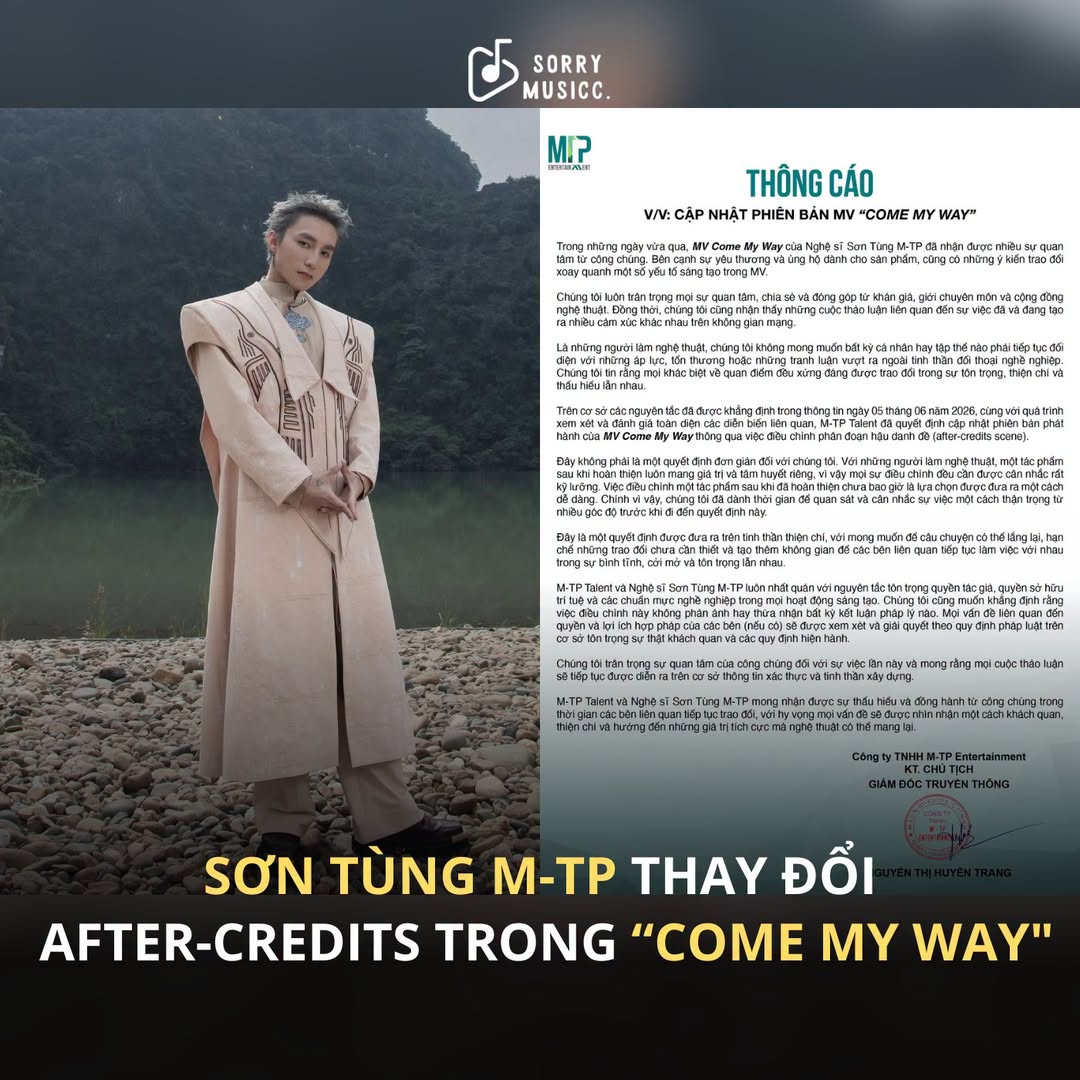 Sơn Tùng M-TP cập nhật MV Come My Way sau tranh luận về phần after-credits 1 720468005 1648074019823282 1406869460292370239 n